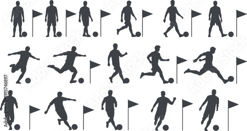 Soccer player silhouette collection, football corner kick action poses, dribbling running shooting athletes, sport vector illustration isolated set