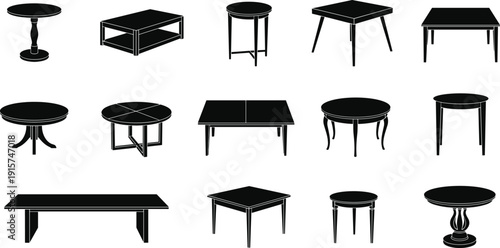 Table silhouette collection, wooden furniture set, dining coffee side tables, interior decor vector illustration isolated bundle design
