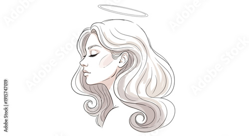 A serene illustration of an angel with flowing hair and a halo, depicted in a peaceful profile view against a simple background