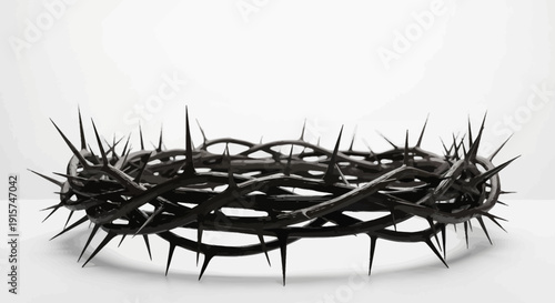 A close-up view of a thorny crown, symbolizing suffering, on a plain surface, captured from a front viewpoint.