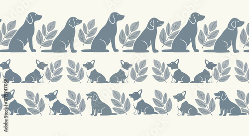 Diverse dog breeds sitting among leaves, illustration, flat design, modern pattern