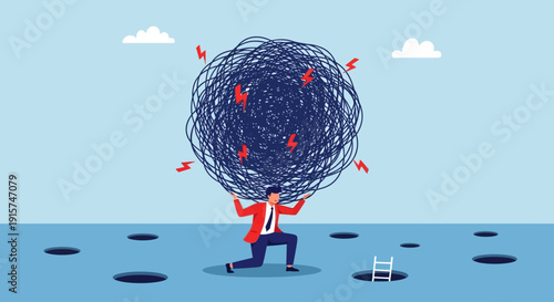 Man struggling to carry large tangled ball in red jacket and blue pants near holes and ladder on calm blue surface under light blue sky with clouds