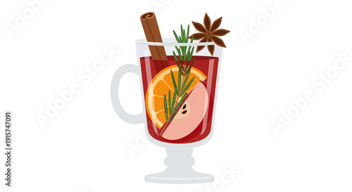 Festive mulled wine in a decorative mug adorned with cinnamon sticks, orange, and star anise, digital illustration on a clear background