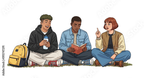 Three students sitting on grass, studying and discussing together outdoors