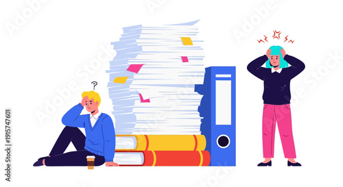 Two people overwhelmed by a massive stack of documents and office supplies in a cluttered workspace scene from a straightforward viewpoint