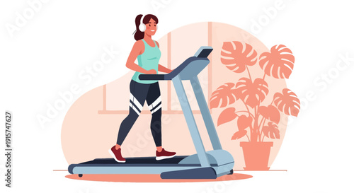 Woman exercising on a treadmill in a home gym surrounded by plants from a side viewpoint