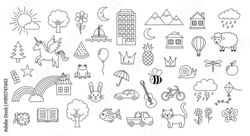 A diverse collection of line-drawn icons representing various objects and scenes, including nature, animals, and man-made structures, depicted in a simple illustration style.