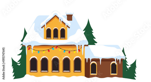 A festive winter scene featuring a decorated building surrounded by snowy trees and a serene landscape viewed from the front