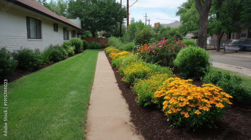 Obraz premium Lush Residential Landscape with Colorful Flower Beds and Neatly Trimmed Lawn Along a Clear Sidewalk in a Suburban Neighborhood