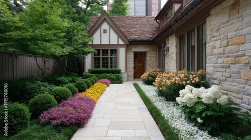 Beautifully Landscaped Pathway with Colorful Flowers and Lush Greenery in Front of a Modern Cottage-style Home