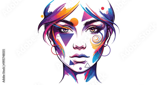 Striking close up portrait of a woman featuring vibrant abstract geometric digital illustration artwork