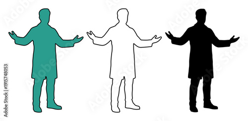 Man in lab coat with arms outstretched in welcome or presentation