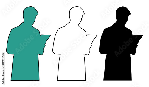 Diverse silhouettes of a person holding a document, representing different perspectives or states of observation.