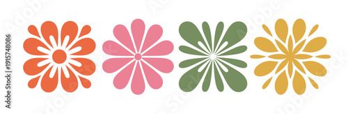 Four stylized abstract floral shapes in a row flower