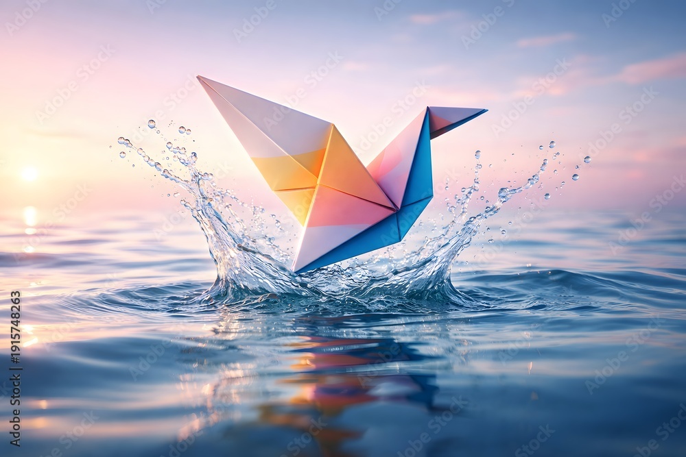 Obraz premium A vibrant origami bird gracefully splashes down onto calm water.