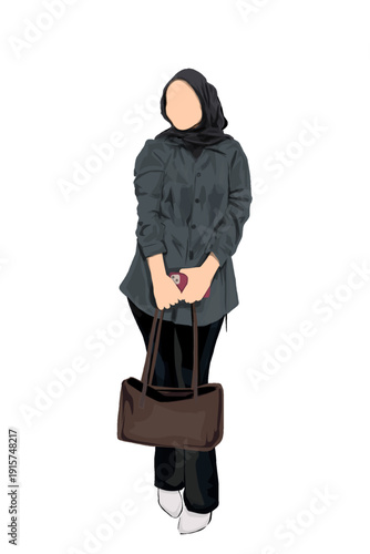 beautiful woman wearing hijab is posing holding a bag in her hand