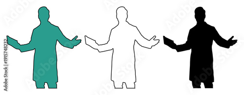 Man in lab coat with open arms, presented in three different styles