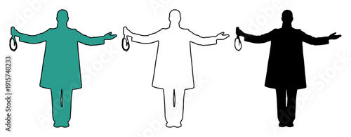 Man in coat holding rings, showing different representations