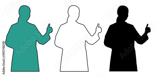 Person in lab coat giving thumbs up, presented in three silhouette styles