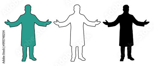 Diverse representations of a person in a lab coat with open arms, suggesting acceptance or welcome.