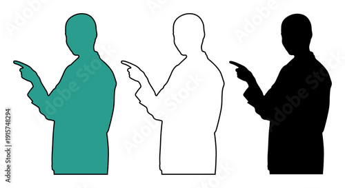 Man in silhouette pointing to the side, showcasing different styles and colors.