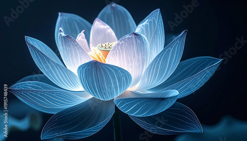 Ethereal bioluminescent x-ray of a blooming lotus flower with a soft internal glow on dark background.