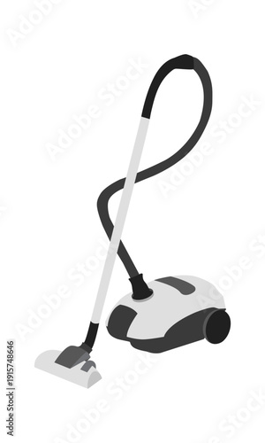 Classic household canister vacuum cleaner with hose, flat vector illustration isolated