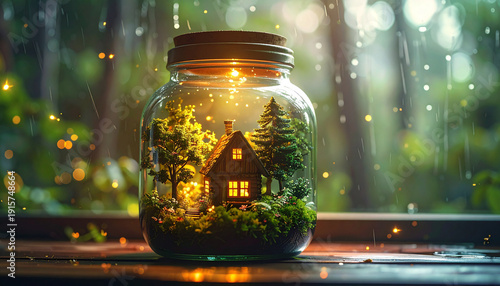 Magical miniature wooden cottage with glowing windows inside a glass jar terrarium on a rainy day.