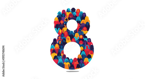 Stylized number eight graphic composed entirely of diverse and colorful abstract female figures celebrating a special day.