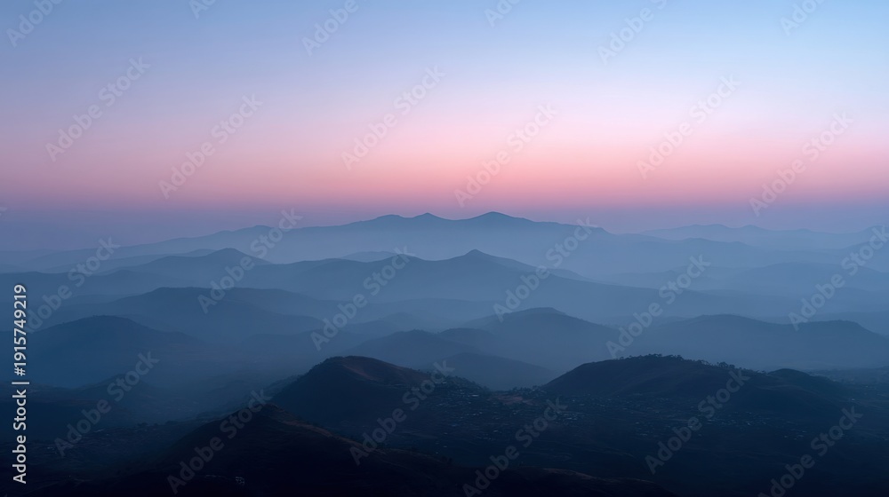 Obraz premium Serene Layered Mountain Landscape at Dawn with Soft Pink and Blue Sky Over Horizon Captured in Early Morning Light