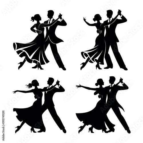 A couple dancing in various poses on a white background in black silhouette.