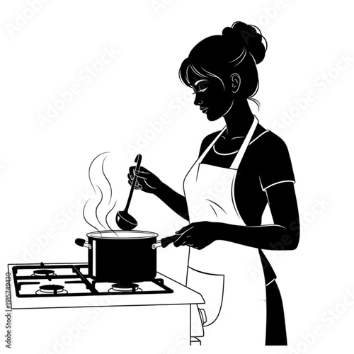 Woman cooking in the kitchen stirring isolated on transparent background.