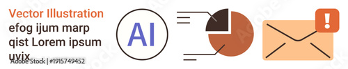 Artificial intelligence, data sharing, notifications, email communication, analytics, machine learning. Set of icons including AI symbol, pie chart and email with alert. s artificial intelligence