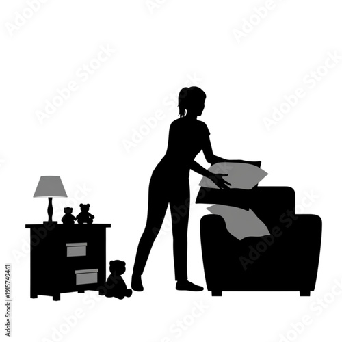 Woman putting pillow on couch isolated on transparent background.
