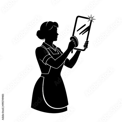 Woman holding and cleaning window glass isolated on transparent background.