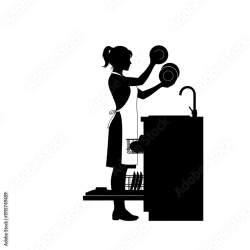 Woman washing dishes in kitchen sink isolated on transparent background.