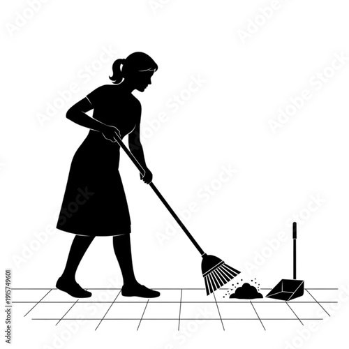 Woman cleaning with a broom and dustpan isolated on transparent background.