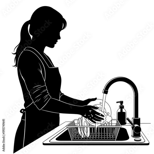 Woman washing dishes in kitchen sink isolated on transparent background.