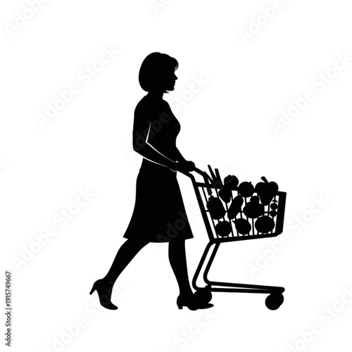 Woman pushing shopping cart full groceries isolated on transparent background.