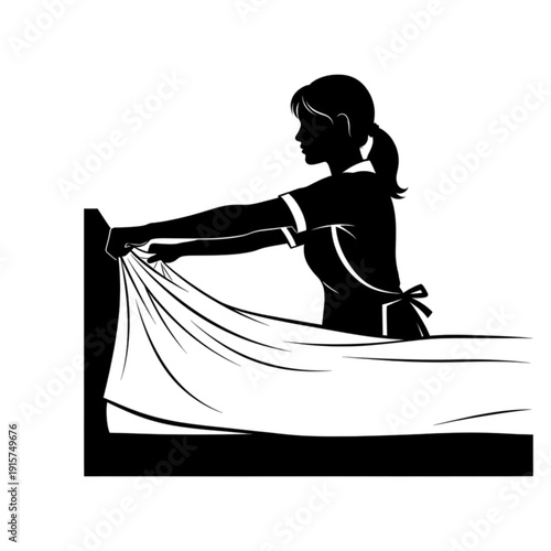 Silhouette of woman making a bed isolated on transparent background.