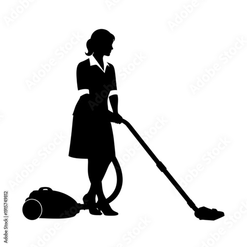 Woman using a vacuum cleaner isolated on transparent background.