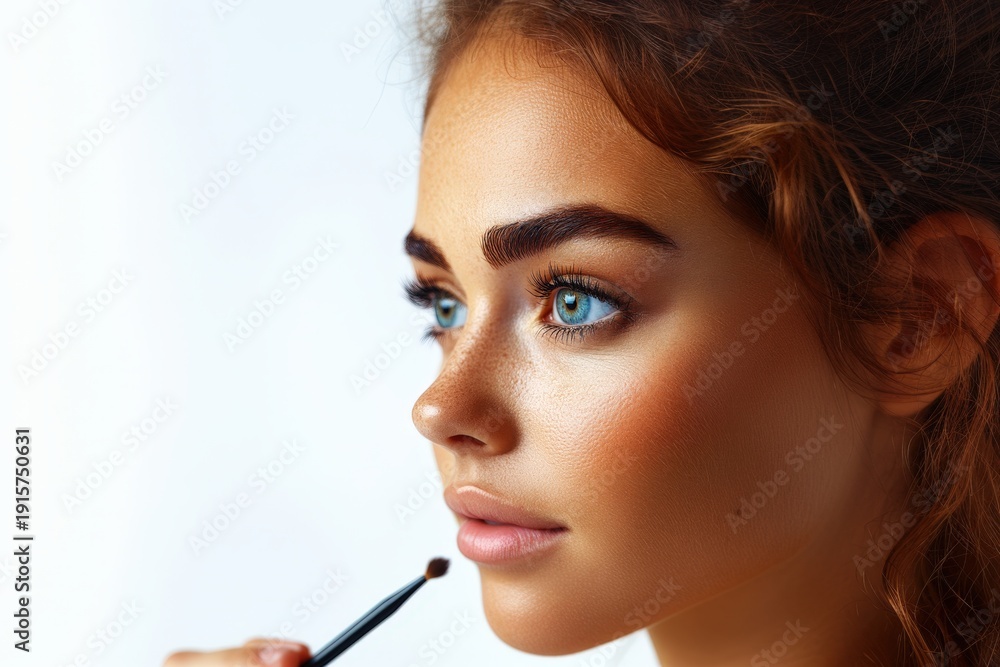 Obraz premium A woman examines a makeup brush, concentrating on its bristles.