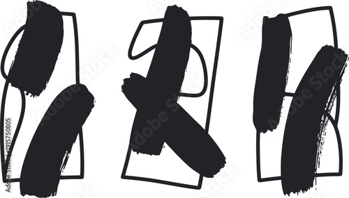 Brush stroke logo design elements in black and white color scheme for creative branding and artistic visual identity with bold strokes.