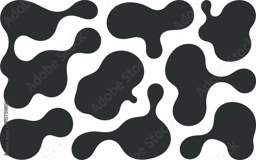 Amoeba-shaped black abstract blobs on a white background, fluid shapes, irregular forms, blob art, unique design elements, modern graphic design, simple yet captivating visual composition, 