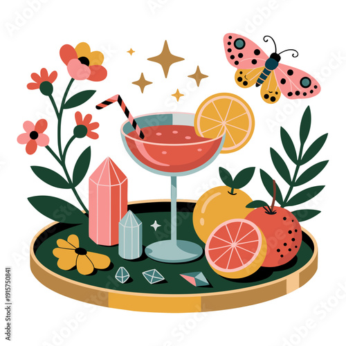 icon design of a whimsical summer set up on a floral,botanical,crystals,moth, cocktail, fruit on a round tray