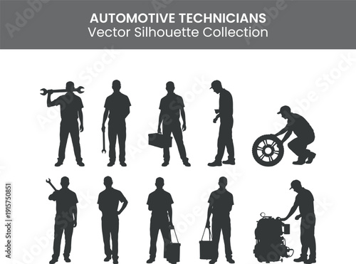 Collection of automotive technicians silhouettes in various poses with tools and equipment showcasing different aspects of car repair and maintenance work in a vector graphic format.