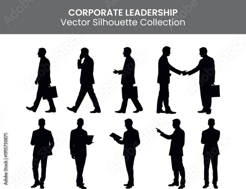 Corporate leadership illustrations featuring diverse business professionals in various poses and actions including walking talking and shaking hands to represent professional interactions 