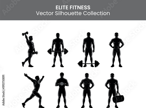 Elite fitness vector silhouette collection featuring muscular men in various workout poses and exercises showcasing strength and athleticism in a sleek and modern illustration style.