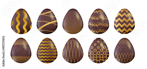 3d Chocolate Easter eggs Solid oval cartoon shapes set with gold patterns Realistic 3D vector illustration