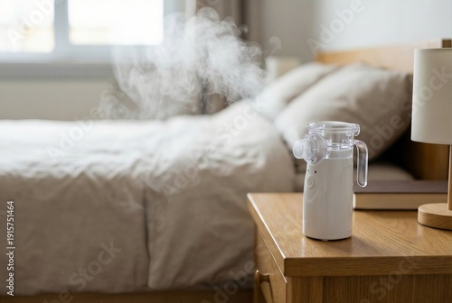 Unlabeled nebulizer machine with soft vapor on a wooden nightstand